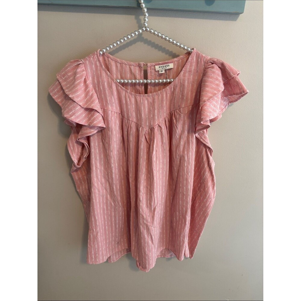 ANDREE by Unit Pink White Striped Ruffle Sleeve Blouse Top Plus Size 2X Cotton